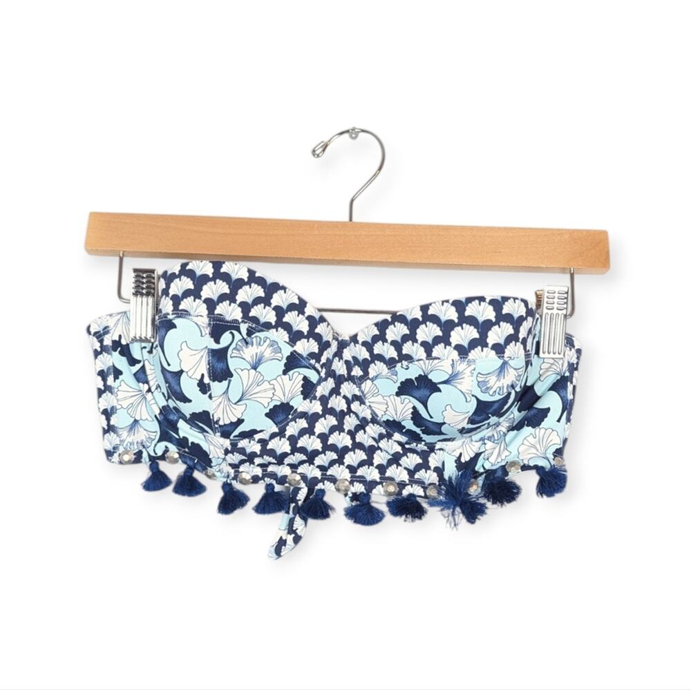 OndadeMar Bandeau Bikini Top S Blue Lotto Underwire Tassel Strapless Swim Resort